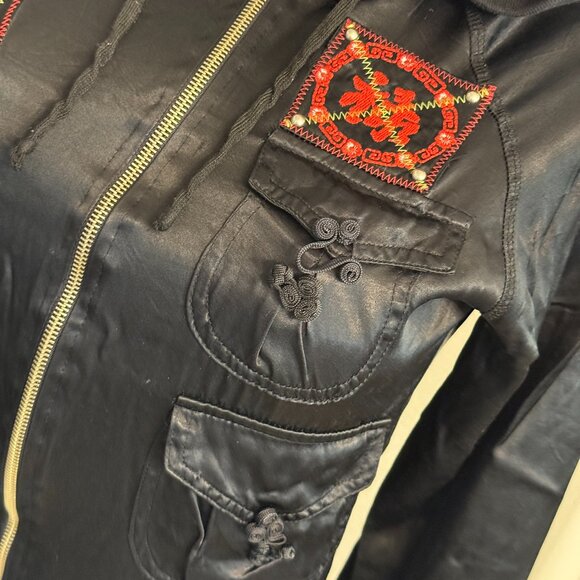 Riley Black Satin HOODED JACKET w/ Embroidery over patches / 3 front pockets - Picture 3 of 7